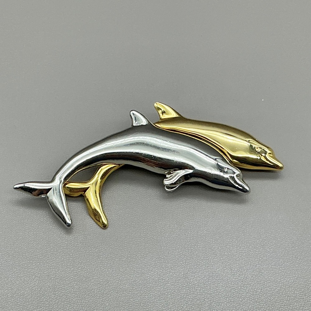 Liz Claiborne Brooch Women Gold Silver Two Dolphins Animal Nautical Pin 2.5"